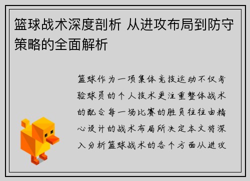 篮球战术深度剖析 从进攻布局到防守策略的全面解析